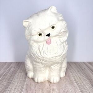 Vintage White Persian Cat Ceramic Planter Figurine Fluffy Kitten Decor